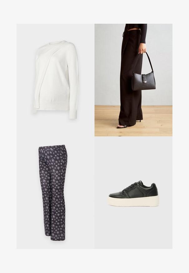 Witte lange mouwen trui met een ronde halslijn, voorzien van een diagonale gevouwen ontwerp aan de voorkant en geribde boorden en zoom. Zacht materiaal.; Zwarte broeken met een bloemenpatroon met kleine witte en paarse bloemen. Gemaakt van een gestructureerde stof en ontworpen met een rechte pijp.; Zwarte leren sneaker met een gladde textuur, dikke crème-kleurige zool, ronde neus en een klassieke vetersluiting. Subtiele stikseldetails.; Zwarte handtas met gestructureerde vorm, gladde textuur en een metalen sluiting. Gecombineerd met brede zwarte broeken en sandalen met open teen op een houten vloer.