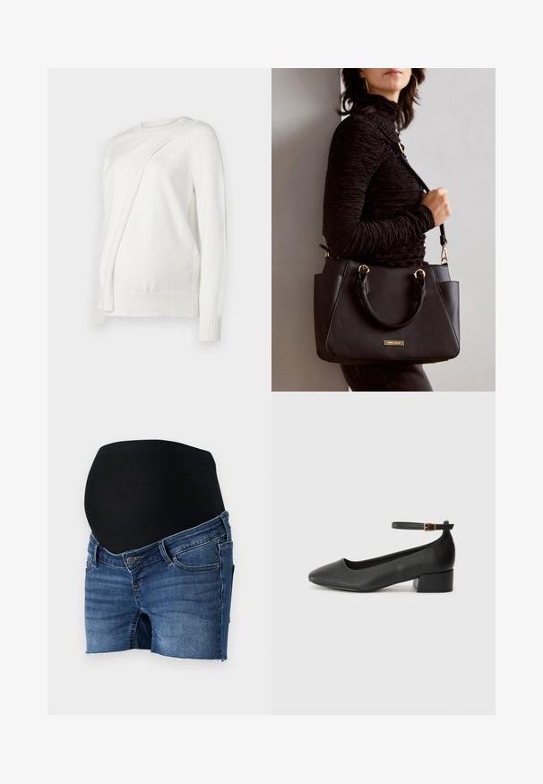 Sweater branco de mangas compridas com um decote redondo, apresentando um design diagonal dobrado na frente e punhos e bainha canelados. Material suave.; Calções de maternidade em denim com um cós preto elástico, apresentando tecido em denim azul, design ajustado e aberturas de perna desfiadas.; Sandal de pele preta com bico pontiagudo e um salto bloco baixo. Apresenta uma tira no tornozelo com uma fivela em tom dourado. Textura suave.; Bolsa preta com superfície texturizada, alças superiores duplas e alça de ombro ajustável. Apresenta ferragens em tom dourado e bolsos laterais.