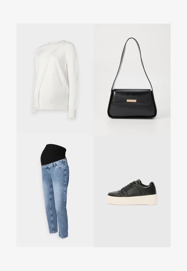 Hvit langermet genser med rund halslinning, med et skrått, foldet design foran og ribbede mansjetter og nederkant. Mykt materiale.; Graviditetsjeans med svart elastisk linning og lyseblå denim. Rett ben-design med klassisk fem-lommestil og falmet vask.; Svart lær sneakers med en jevn tekstur, tykk kremfarget såle, rund tå og klassisk snøring. Subtile sømdetaljer.; Svart lærveske med en strukturert, triangulær form, tynn stropp og detaljer i gulltone som har en logo-plakett på den fremre klaffen.