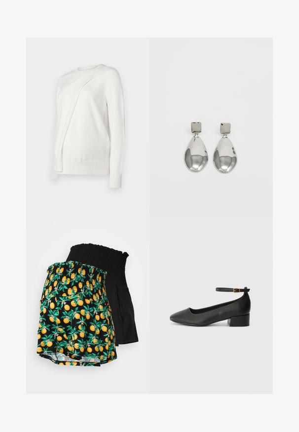 Pulover alb cu mânecă lungă și guler rotund, având un design pliat diagonal pe față și manșete și tiv din tricot. Material moale.; Două perechi de pantaloni scurți: una cu un talie strânsă neagră și un corp negru, cealaltă având un imprimeu vibrant de citrice galben-portocalie pe un fundal negru.; Pantof cu toc negru din piele, cu vârf ascuțit și toc mic pătrat. Dispune de o curea la gleznă cu o cataramă în tonuri de aur. Textură netedă.; Cercei din argint cu stud pătrat, având un finisaj neted și lustruit, într-o formă de lacrimă, care reflectă lumina cu o suprafață lucioasă.
