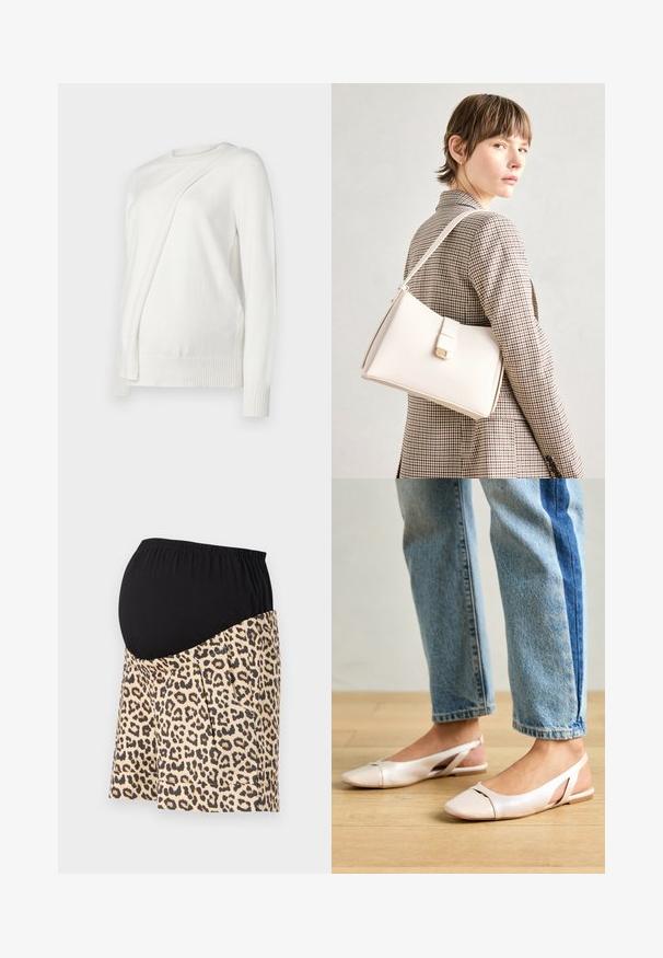 Balts garās piedurknes džemperis ar apaļu izgriezumu, priekšpusē ar diagonālu salocītu dizainu un ribotām piedurknēm un apakšmalu. Mīksts materiāls.; Grūtniecības šorti ar melnu jersi jostasvietu un leopardu raksta audumu, ar piegriezumu un sānu kabatām papildu funkcionalitātei.; Bālti rozā siksniņu dzīvokļi ar smailu purngalu, izgatavoti no gludas ādas līdzīgās materiāla. Iezīmē izgriezumu detaļas sānos un platu papēdi.; Balta ādas rokassoma ar strukturētu dizainu, kurai ir magnētiska aizdare un plecu josta, parādīta uz neitrāla fona.