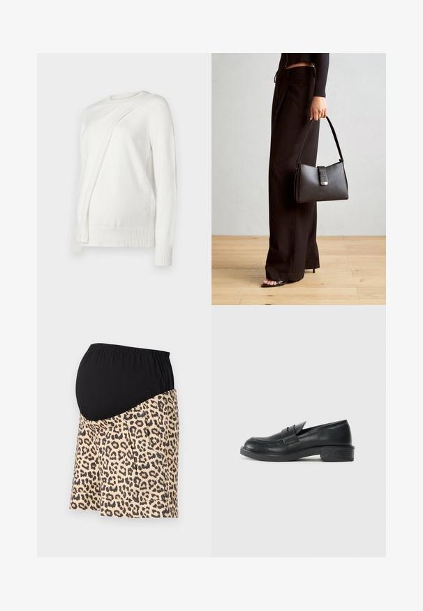 Bela dolga rokavična majica s krožnim izrezom, ki ima diagonalno zloženo zasnovo spredaj ter rebraste manšete in spodnji rob. Mehka tkanina.; Nosečni šortki z črnimi žersijevnimi pasom in tkanino s tiskanjem leopardje, s pregibi in stranskimi žepi za dodatno funkcionalnost.; Črne usnjene loafer čevlje z zaobljenim nosom, šivanim detajlom in majhnim peto. Gladka tekstura in fleksibilen gumijast podplat.; Črna torbica z strukturirano obliko, gladko teksturo in kovinskim zaponko. Ujemajo se z širokimi črnimi hlačami in odprtimi sandali na lesenem tleh.