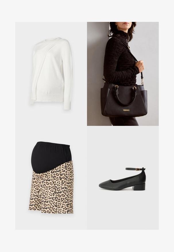 Witte lange mouwen trui met een ronde halslijn, voorzien van een diagonale gevouwen ontwerp aan de voorkant en geribde boorden en zoom. Zacht materiaal.; Zwangere shorts met een zwarte jersey tailleband en een luipaardprint stof, voorzien van plooien en zijzakken voor extra functionaliteit.; Zwarte leren pump met een spitse neus en een lage blokhak. Beschikt over een enkelband met een goudkleurige gespsluiting. Gladde textuur.; Zwarte handtas met gestructureerd oppervlak, dubbele bovenhandvatten en verstelbare schouderriem. Voorzien van goudkleurige hardware en zijzakken.