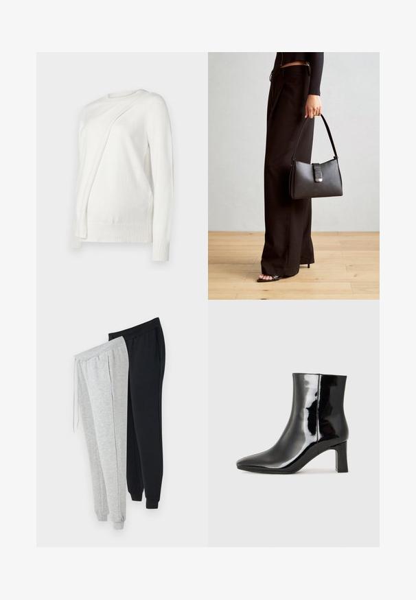 Sweater branco de mangas compridas com um decote redondo, apresentando um design diagonal dobrado na frente e punhos e bainha canelados. Material suave.; Dois pares de calças de treino: um cinza claro e outro preto. Ambos apresentam cintura elástica, bolsos laterais e punhos ajustados. Material em mistura de algodão.; Botim de tornozelo em pele sintética preta com bico apontado e salto bloco de altura média. Textura suave e design minimalista.; Bolsa preta com forma estruturada, textura suave e um fecho metálico. Combinada com calças largas pretas e sandálias de salto aberto sobre um chão de madeira.