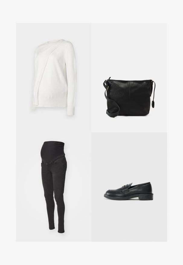 Bílý svetr s dlouhým rukávem a kulatým výstřihem, se šikmým skládáním na přední straně a žebrovanými manžetami a lemem. Měkký materiál.; Černé těhotenské džíny s měkkým, elastickým pasem, slim-fit střihem a dvěma předními kapsami. Vyrobeny z denimu s hladkým povrchem.; Černé kožené mokasíny s kulatou špičkou, prošitými detaily a malým podpatkem. Hladký povrch a flexibilní gumová podrážka.; Černá kožená kabelka přes rameno s plochým tvarem, zlatými kovovými detaily a nastavitelným popruhem. Hladký povrch s minimem švů.