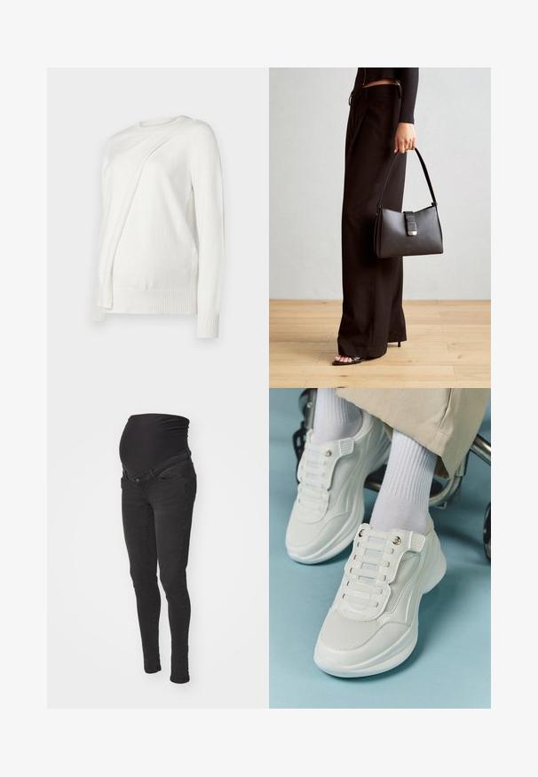 Valge pika varrukaga sviiter, millel on ümmargune kaelus, esiosal diagonaalne volditud disain ning soonikvarrukad ja -äär. Pehme materjal.; Mustad rasedusjeansid pehme ja elastse vöökoha, kitsas lõige ning kaks esikotti. Valmistatud sileda tekstuuriga denimist.; Valged spordijalatsid, millel on võrkmaterjal, kummitald, sidumata disain elastsete riba ja kuldsete detailidega.; Must musta kott, millel on struktureeritud kuju, sile tekstuur ja metallist klamber. Kombineeritud laiate mustade pükstega ja avatud varvaste sandaalidega puidust põrandal.