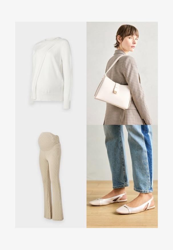 Bela dolga rokavična majica s krožnim izrezom, ki ima diagonalno zloženo zasnovo spredaj ter rebraste manšete in spodnji rob. Mehka tkanina.; Beige flare noseče hlače z teksturiranim diamantnim vzorcem, s visokim elastičnim pasom za podporo trebuhu. Gladka tkanina.; Svijetloružičaste slingback balerinke s šiljastim nožnim prstima, napravljene od glatkog materijala nalik koži. Imaju izrezane detalje sa strane i ravne pete.; Bela usnjena torba s strukturirano zasnovo, opremljena z magnetnim zapiranjem in naramnico, prikazana na nevtralni ozadju.