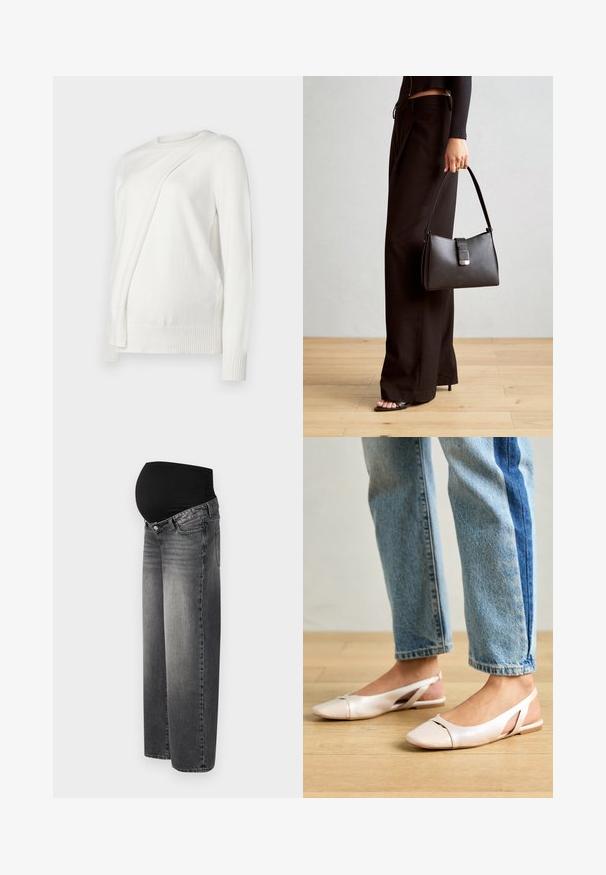 White long-sleeve sweater with a round neckline, featuring a diagonal folded design on the front and ribbed cuffs and hem. Soft material.; Maternity jeans in faded black denim, featuring a stretchy black waistband for support. Wide-leg design with standard front pockets.; Pale pink slingback flats with a pointed toe, made from a smooth leather-like material. Features cut-out details at the sides and a flat heel.; Black handbag with structured shape, smooth texture, and a metallic clasp. Paired with wide black pants and open-toe sandals on wooden floor.