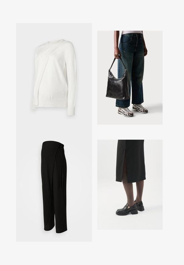 Biały sweter z długim rękawem, o okrągłym dekolcie, z ukośnym złożonym wzorem z przodu oraz prążkowanymi mankietami i dołem. Miękki materiał.; Czarne, szerokie spodnie wykonane z lekkiego, teksturowanego materiału; posiadają owijany fason i związany akcent w talii.; Czarne skórzane buty z okrągłym noskiem, grubym blokowym obcasem i elastycznymi akcentami po bokach, zestawione z ciemnymi rajstopami i czarną spódnicą z rozcięciem.; Czarna skórzana torba na ramię o gładkiej fakturze i regulowanym pasku, w zestawieniu z wyblakłymi dżinsami typu wide-leg i sportowymi butami.