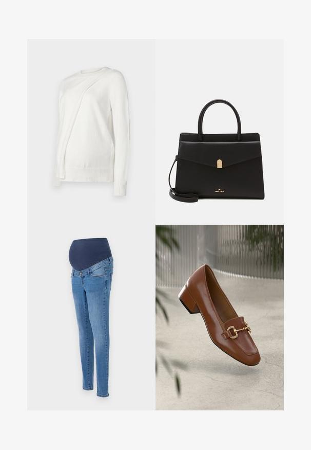 Sweater branco de mangas compridas com um decote redondo, apresentando um design diagonal dobrado na frente e punhos e bainha canelados. Material suave.; Jeans de maternidade com um cós elástico azul e pernas ajustadas, feitos de denim azul claro com um desbotado sutil e bolsos traseiros standard.; Sandal com biqueira quadrada em couro patente castanho, com detalhe em corrente metálica e salto bloco baixo; textura suave, design minimalista.; Bolsa de couro preta com uma forma estruturada, apresentando um fecho em tom dourado, duas alças e uma alça de ombro ajustável. Logótipo exibido na frente.