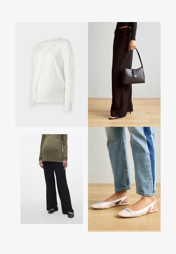 Bijela dugorukava džemper s okruglim izrezom, s dijagonalnim presavijenim dizajnom sprijeda i rebrastim manžetama i donjim rubom. Mekani materijal.; Majica za trudnice u maslinastoj zelenoj, dugih rukava, nabrana u struku, uparena s crnim širokim hlačama. Obuća: crne cipele na slip-on.; Svijetlo ružičaste slingback balerinke s šiljastim vrhom, izrađene od glatkog materijala nalik koži. Sadrže izrezane detalje sa strane i ravnu petu.; Crna torba s oblikom koji sadrži strukturu, glađu teksturu i metalnu kopču. Uparena s širokim crnim hlačama i sandalama na otvorenom s drvenog poda.