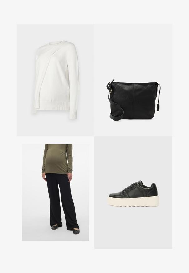 Sweater branco de mangas compridas com um decote redondo, apresentando um design diagonal dobrado na frente e punhos e bainha canelados. Material suave.; Top de maternidade em verde oliva, mangas compridas, com franzido na cintura, combinado com calças largas pretas. Calçado: sapatos pretos de slip-on.; Sapatilha de couro preta com uma textura suave, sola grossa de cor creme, bico redondo e design clássico de atacadores. Detalhes de costura subtis.; Mala de ombro em couro preto com forma plana, detalhes em metal dourado e alça ajustável. Textura suave com detalhes de costura mínimos.