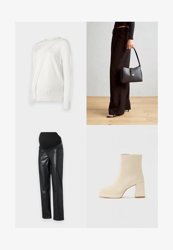 Suéter blanco de manga larga con escote redondo, que presenta un diseño diagonal plegado en el frente y puños y dobladillo acanalados. Material suave.; Pantalones de maternidad de piel sintética negra con una cinturilla elástica negra, que presentan un corte ajustado y un color sólido neutro.; Botín de cuero beige hasta el tobillo con tacón bloque y suela de plataforma, de acabado liso y puntera ligeramente cuadrada, mirando a la izquierda sobre fondo blanco.; Bolso negro con forma estructurada, textura suave y un cierre metálico. Combinado con pantalones anchos negros y sandalias de dedo en un suelo de madera.
