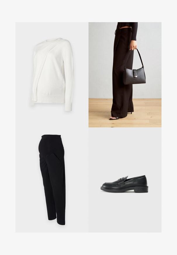 Pull blanc à manches longues avec un col rond, présentant un design plié en diagonale à l'avant et des bords côtelés aux poignets et à l'ourlet. Matériau doux.; Pantalons de maternité noirs avec une taille haute et extensible, poches latérales et jambes fuselées. Fabriqués en tissu doux et confortable.; Mocassins en cuir noir avec un bout arrondi, des détails cousus et un petit talon. Texture lisse et semelle en caoutchouc flexible.; Sac à main noir à la forme structurée, texture lisse et fermoir métallique. Associé à un pantalon noir ample et des sandales ouvertes sur un sol en bois.