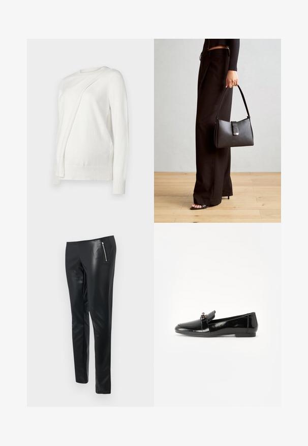Hvit langermet genser med rund halslinning, med et skrått, foldet design foran og ribbede mansjetter og nederkant. Mykt materiale.; Sorte faux skinnbukser med slim fit, featuring en glidelåslomme foran og en glatt, glansfull tekstur.; Svart lakkert lærloafer med flat såle, rund tå og en dekorativ rem med gulltonet akzent. Glatt, blank overflate.; Svart håndveske med strukturert form, jevn tekstur og metallisk lås. Kombinert med brede svarte bukser og sandaler med åpen tå på tregulv.