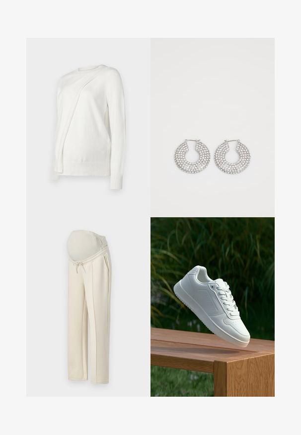 White long-sleeve sweater with a round neckline, featuring a diagonal folded design on the front and ribbed cuffs and hem. Soft material.; Light beige maternity pants with a stretchy waistband, drawstring detail, and two side pockets. Made from soft, stretchy fabric.; White sneaker with a smooth synthetic upper, perforated toe box, flat laces, and a textured sole, displayed on a wooden surface.; Silver hoop earrings adorned with multiple clear crystal embellishments, featuring a textured surface and an open circular design.