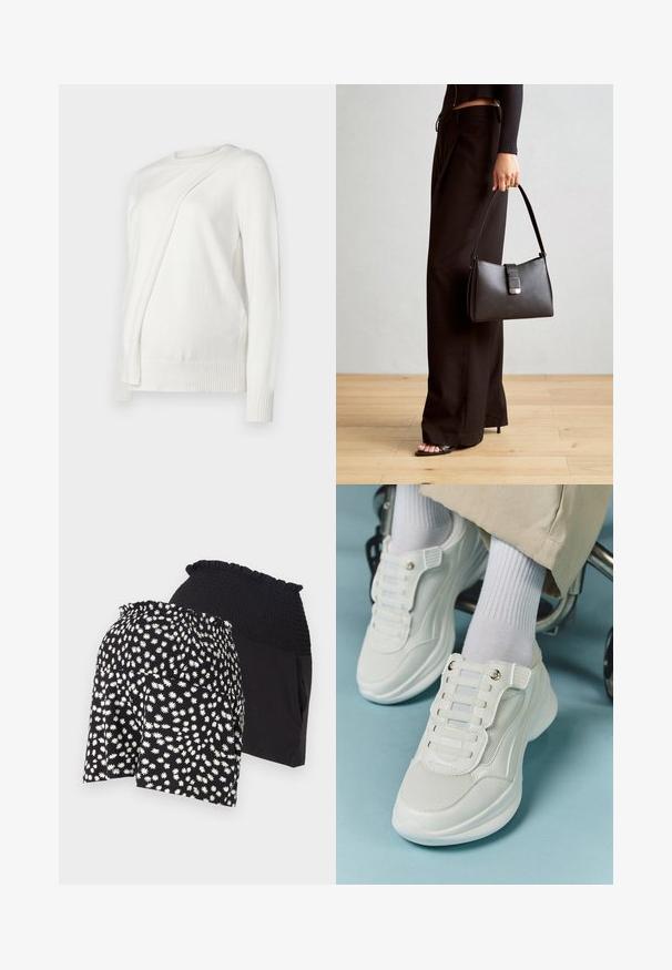 Suéter blanco de manga larga con escote redondo, que presenta un diseño diagonal plegado en el frente y puños y dobladillo acanalados. Material suave.; Pantalones cortos negros con un patrón de margaritas blancas y cintura fruncida; los pantalones interiores son de un negro sólido con una textura suave.; Zapatillas blancas con material de malla, suela de goma, diseño sin cordones con bandas elásticas y detalles en tono dorado.; Bolso negro con forma estructurada, textura suave y un cierre metálico. Combinado con pantalones anchos negros y sandalias de dedo en un suelo de madera.