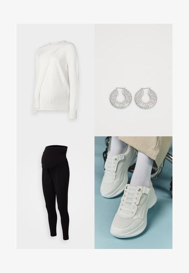 Fehér, hosszú ujjú pulóver kerek nyakkivágással, az elején átlósan hajtott dizájnnal, bordás mandzsettákkal és szegéllyel. Puha anyag.; Fekete kismama jogger nadrág, rugalmas derékrésszel, húzózsinóros részlettel és szűkített szárakkal. Puha, rugalmas anyagból készült a kényelem érdekében.; Fehér sportcipők, amelyek hálós anyagból készültek, gumitalpúak, fűző nélküli kialakítással, rugalmas pántokkal és arany színű kiegészítőkkel rendelkeznek.; Ezüst karika fülbevalók, amelyeket több átlátszó kristály díszít, texturált felülettel és nyitott, kör alakú kialakítással.
