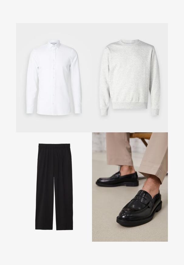 Grauer Pullover aus weichem Stoff. Mit Rundhalsausschnitt, langen Ärmeln, gerippten Bündchen und gerippetem Saum. Einfaches, ungeschmücktes Design.; Weißes langärmeliges Hemd aus glattem Stoff mit spitzem Kragen und Knopfverschluss. Keine Muster oder Verzierungen.; Schwarze, weite Hose mit gefälteltem Vorderteil, seitlichen Taschen und einer glatten Stoffstruktur. Entworfen für eine entspannte Passform.; Schwarze Lederloafers mit glatter Oberfläche, ausgestattet mit einem dekorativen Riemen und Kontrastnähten, kombiniert mit beigen Hosen.