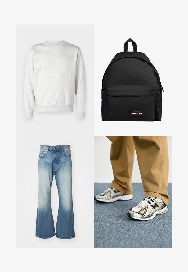Grijze sweatshirt gemaakt van zachte stof. Heeft een ronde hals, lange mouwen, geribbelde manchetten en een geribbelde zoom. Eenvoudig, onopgesmukt ontwerp.; Weekday TIME LOOSE - Straight leg jeans - blue; Witte en zilveren New Balance sneakers met zwarte accenten en veters, voorzien van een bovenwerk van mesh, een gevoerde zool en een dynamisch ontwerp.; Zwarte Eastpak rugzak met een afgerond ontwerp, stevig materiaal, een voorklep met rits en een handvat aan de bovenkant. Voorzien van een logo patch op de voorkant.