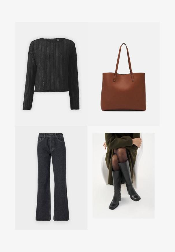 Must mustaga, pika varrukaga kootud sviiter tekstuurse mustriga, ümmarguse kaeluse ja lühikese kärbega. Materjal tundub kerge ja hingav.; Tumedast denimist laiad teksad kõrge vöökoht, millel on kuldne õmblus, viis taskut ja nööp kinnitus. Sile tekstuur, sirge jala disain.; Knee-high mustad nahast saapad nelinurkse varbaga ja plokilise kontsaga, esitatud mudeli kõrval, kes istub oliivirohelises mantlis. Sujuv tekstuur, minimaalne detailide arv.; Pruun nahast tote-kott, millel on sile tekstuur, avatud ülaosa disain ja kaks õlarihma. Omab minimaalset õmblust ja nähtavat riistvara ei ole.