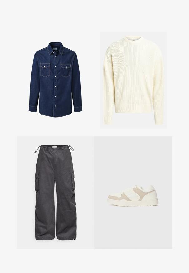 Maglione a maglia color crema chiaro con texture a coste, collo rotondo e spalle scese; presenta una vestibilità comoda e un colore uniforme.; Camicia in denim di colore blu scuro con maniche lunghe, colletto a punta, due tasche sul petto e bottoni a pressione bianchi, con cuciture a contrasto.; Pantaloni cargo grigi con un tessuto texturizzato, vita elastica, cordino e dettagli con tasche laterali. Vestibilità ampia con gambe larghe.; Sneaker bianca e beige caratterizzata da una combinazione di texture liscia e scamosciata, punta rotonda, chiusura con lacci e suola in gomma piatta.