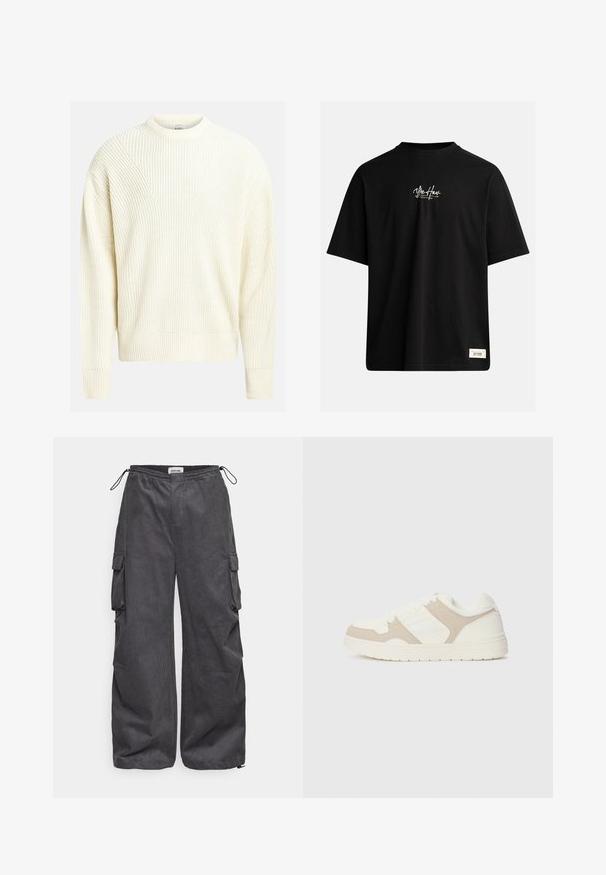 Svijetlosmeđi pleteni pulover s rebrastom teksturom, okruglim izrezom i spuštenim ramenima; ima opušteni kroj i jednobojan je.; Crna kratka majica od pamuka. Ima mali bijeli logo na prsima i pravokutnu oznaku u donjem desnom kutu.; Sive cargo hlače od teksturirane tkanine, s elastičnom trakom, vezicom i detaljima sa bočnim džepovima. Slobodan kroj s širokim nogavicama.; Bijele i bež tenisice s kombinacijom glatkih i antilop tekstura, okruglim prstima, vezanjem i ravnim gumenim potplatom.