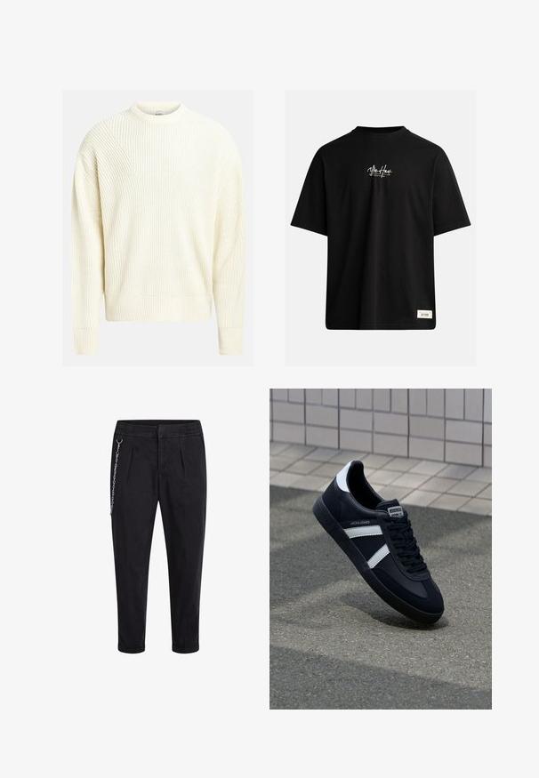 Lyscremefarvet strikket sweater med ribbet tekstur, rund halsudskæring og dropped skuldre; har en løs pasform og en ensfarvet farve.; Sort kortærmet t-shirt lavet af bomuld. Har et lille hvidt logo på brystet og et rektangulært mærke nederst til højre.; Sorte bukser med elastisk talje, der har for plisser og en sølv kæde accent på venstre side. Stof af bomuldsblanding.; Sort lædersneaker med hvide striber, tekstureret gummisål og snørrebånd foran. Har et brandet mærke på tungen.