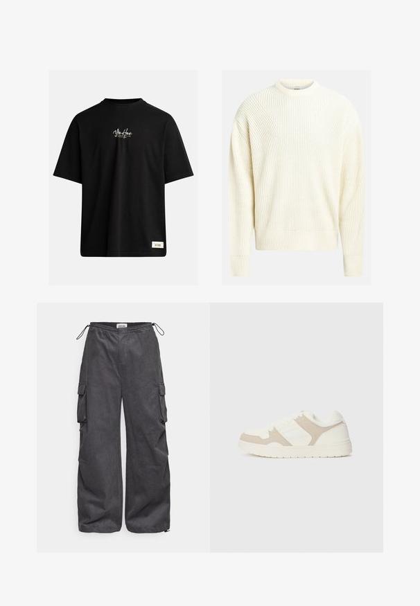 Svetlo smetanasta pletena pulover s rebrasto teksturo, okroglo ovratnico in spuščenimi rameni; ima ohlapen kroj in enotno barvo.; Črna kratka majica s kratkimi rokavi, izdelana iz bombaža. Ima majhen bel logotip na prsih in pravokotno etiketo spodaj desno.; Sive hlače s teksturirano tkanino, elastičnim pasom, vrvico in stranskimi žepi. Ohlapen kroj z širokimi nogavicami.; Bež in bela športna obuvala z mešanico gladkih in semiš tekstur, okroglo konico, vezalni sistem in raven gumijast podplat.