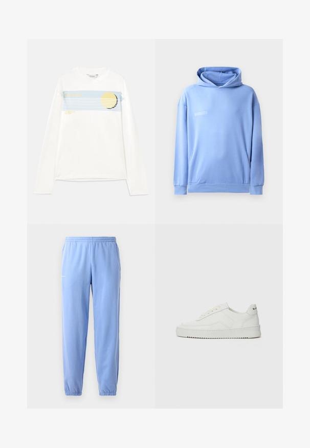 Helle blaue Kapuzenjacke aus weichem Stoff, mit einer Kängurutasche, einer verstellbaren Kapuze und minimalem Textdetail auf der Vorderseite.; Weißes Langarmshirt mit blauer Grafikstreifen, gelbem kreisförmigem Design und den Aufschriften "Holzweiler" und "SUMMER 25 THE SUN." Aus weichem Baumwollmaterial.; Hellblaue Sweatpants mit elastischem Bund, Bündchen an den Knöcheln und Seitentaschen. Mit einem kleinen aufgedruckten Logo in der Nähe der Hüfte.; Weiße Ledersneaker mit glatter Oberfläche, runder Zehenpartie, flachen Schnürsenkeln und strukturiertem Sohlenprofil. Mit einem dezenten Logo an der Ferse.