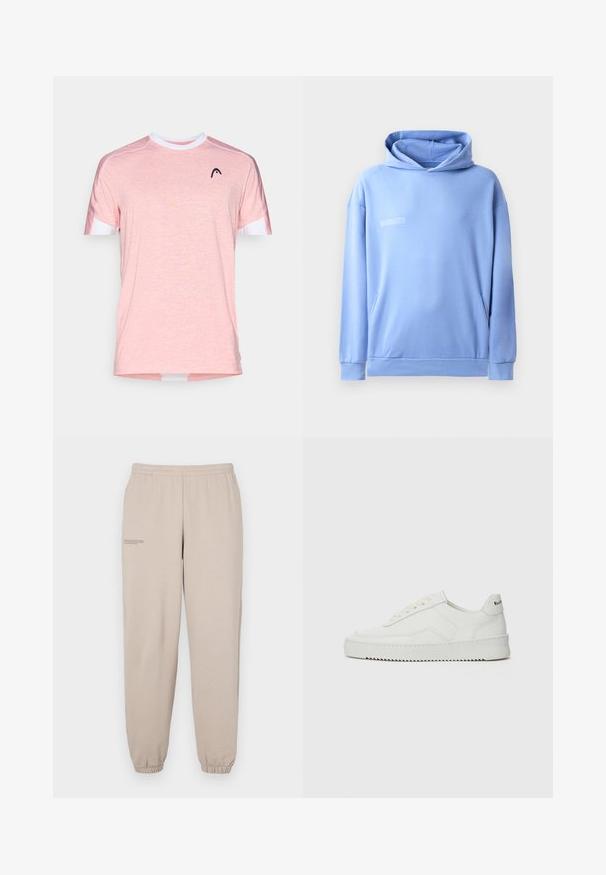 Svetlo modra kapuca iz mehkega materiala, ki ima kenguru žep, nastavljivo kapuco in minimalen napis na sprednji strani.; Svetlo roza kratka majica s kratkimi rokavi, izdelana iz teksturirane tkanine. Ima belo okroglo ovratnico in črn logotip na prsih.; Bežne hlače iz bež barve, izdelane iz mehkega materiala, z elastičnim pasom in manšetami ter z majhnim natisnjenim napisom na levi nogi.; Bela usnjena športna obutev z gladko površino, okroglo prst, ravne vezalke in teksturiran podplat. Ima diskretno logo na peti.