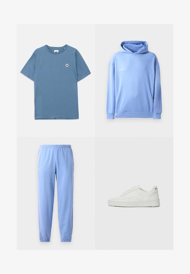 Light blue hoodie made of soft fabric, featuring a kangaroo pocket, a drawstring hood, and minimal text detail on the front.; Blue cotton t-shirt with a round neckline, short sleeves, and a small round logo featuring a "W" on the left chest area.; Light blue sweatpants with an elastic waistband, cuffed ankles, and side pockets. Features a small printed logo near the hip.; White leather sneaker with a smooth finish, round toe, flat laces, and a textured sole. Features a subtle logo on the heel.