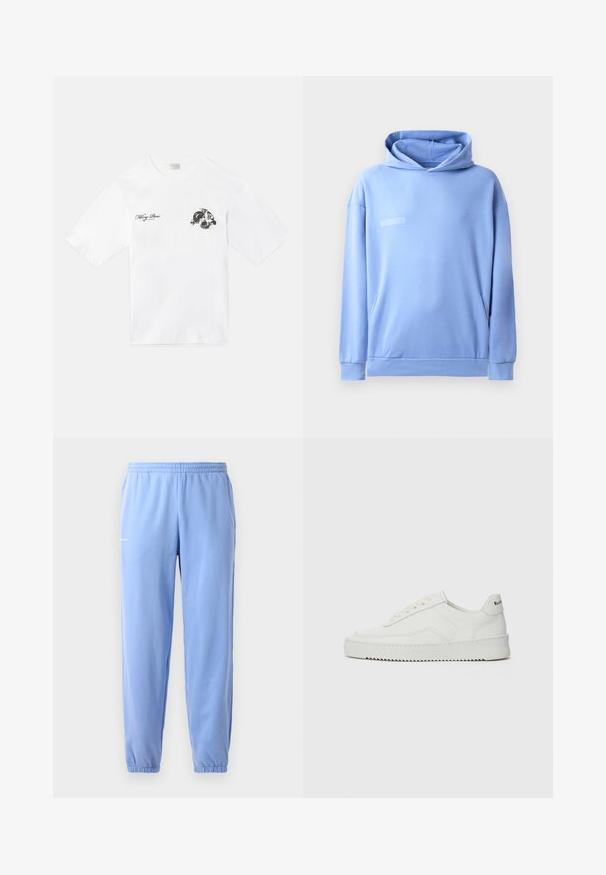 Šviesiai mėlynos spalvos gobtuvas, pagamintas iš minkštos medžiagos, su kengūros kišene, reguliuojamu gobtuvu ir minimaliais teksto elementais priekyje.; Balta medvilnės marškinėliai su grafiniu dizainu kairėje krūtinės pusėje. Trumpos rankovės, apvalus iškirpimas ir laisvas kirpimas.; Šviesiai mėlynos sportinės kelnės su elastinga juosmens juosta, užlenktais kulkšnies galais ir šoninėmis kišenėmis. Ant klubų yra mažas spausdintas logotipas.; Balti odiniai sportiniai bateliai su lygia apdaila, apvaliu pirštu, plokščiais raišteliais ir tekstūruotu padu. Pasižymi subtiliu logotipu ant kulno.