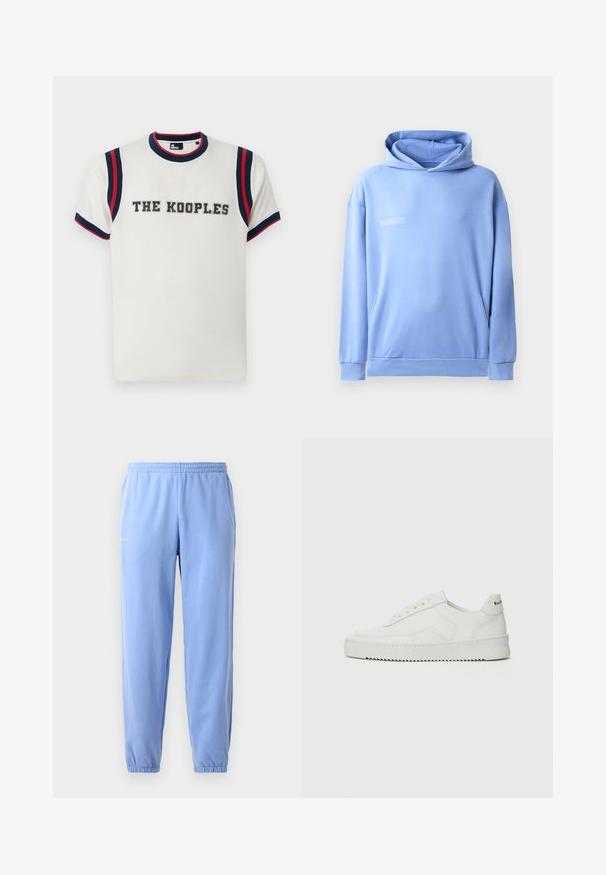 Lyseblå hettegenser laget av myk stoff, med kengurulomme, snor i hetten og minimal tekstdetalj på forsiden.; Hvit t-skjorte med rund hals, med blå og røde striper på ermene, og "THE KOOPLES" brodert i fet skrift på forsiden.; Lys blå joggebukser med elastisk midje, oppbrettede ankler og sidelommer. Har et lite trykt logo nær hoften.; Hvite lærersneakers med en jevn overflate, rund tå, flate lisser og en teksturert såle. Har en subtil logo på hælen.