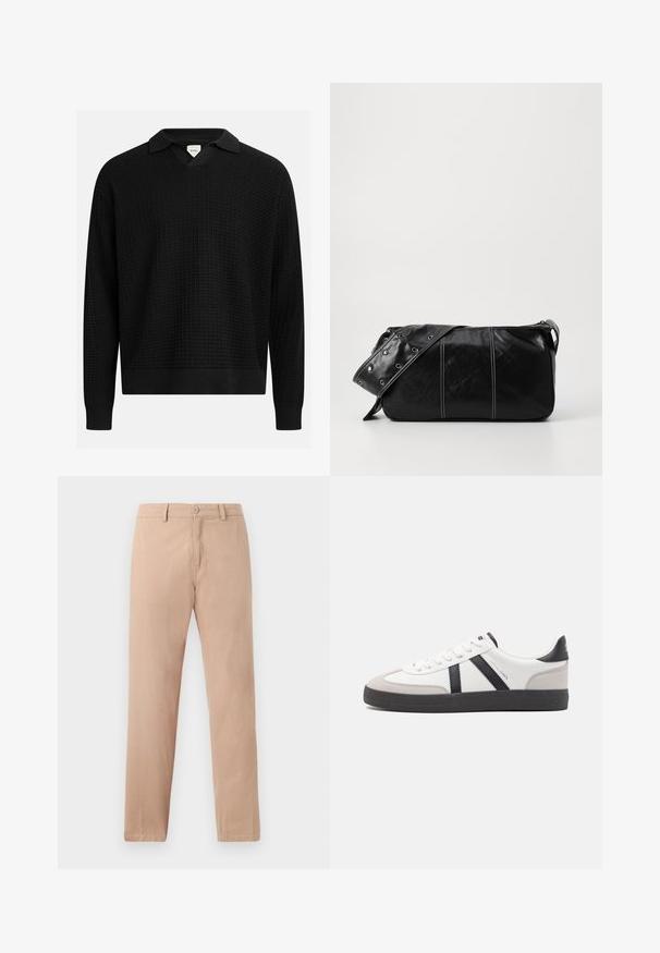 Must mustrindiga särk V-kaelusega ja kraega, millel on tekstureeritud ruudumuster, soonilised varrukate ja hem. Kerge kangas.; Beige sirgevoodriga püksid puuvillase kangaga. Omab nupuga sulgemist ja vöökohapaelu. Sile tekstuur ja minimalism.; Valged tossud mustade ja hallide aktsentidega, tekstureeritud halli varbakattega, musta kummitald ja lamedad valged paelad. Puhtad jooned, minimalistlik stiil.; Must mustra nahkainine õlakott, millel on tõmblukk, tekstureeritud pind, valged õmblused ja rihm hõbedaste rõngastega.