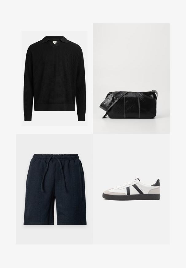 Fekete kötött pulóver V nyakkivágással és gallérral, texturált rácsos mintával, bordázott mandzsettákkal és szegéllyel. Könnyű anyag.; Sötét tengerészkék, textúrált anyagból készült rövidnadrág, rugalmas derékpánttal és zsinórral. Finom mintázattal rendelkezik az egész felületen.; Fehér sneaker fekete és szürke részletekkel, textúrált szürke orr résszel, fekete gumitalppal és lapos fehér fűzőkkel. Tiszta dizájn, minimalista stílus.; Fekete bőr válltáska, cipzárral zárva, texturált felülettel, fehér varrással és ezüst fémgyűrűs pánttal.