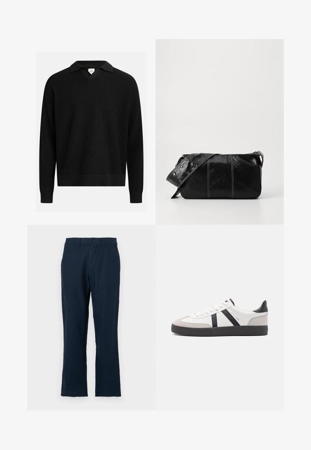 Black knitted sweater with a V-neck and collar, featuring a textured grid pattern, ribbed cuffs, and hem. Lightweight fabric.; Navy blue linen trousers with a straight cut, button closure, and standard pockets. The fabric has a smooth texture and minimal detailing.; White sneaker with black and gray accents, featuring a textured gray toe cap, black rubber sole, and flat white laces. Clean design, minimalist style.; Black leather shoulder bag with a zip closure, featuring a textured body, white stitching, and a strap with silver grommets.