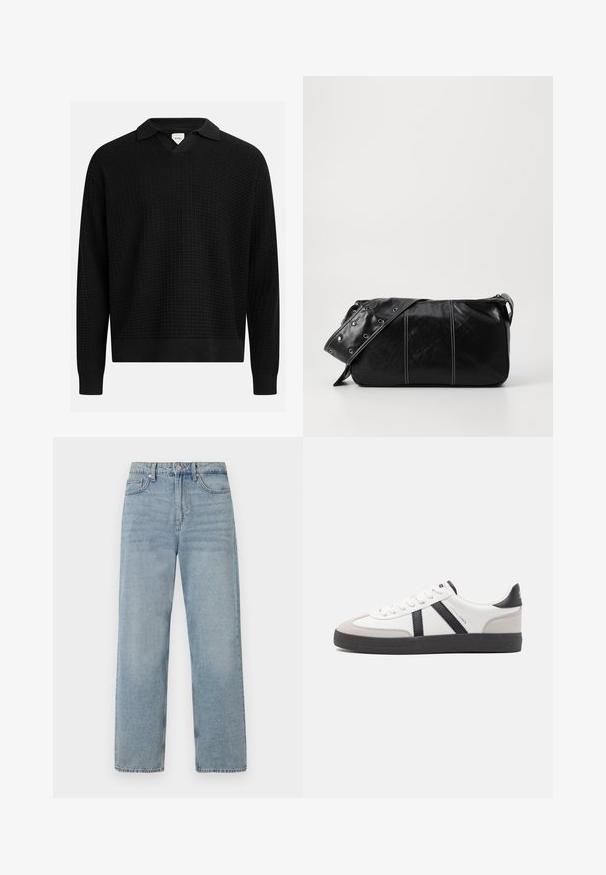 Pull en maille noir avec un col en V, présentant un motif de grille texturé, des poignets côtelés et un ourlet côtelé. Tissu léger.; Jean en denim bleu clair à taille haute, coupe droite, avec cinq poches et un léger délavage pour un effet usé.; Baskets blanches avec des accents noirs et gris, présentant un embout texturé gris, une semelle en caoutchouc noir et des lacets plats blancs. Design épuré, style minimaliste.; Sac à épaule en cuir noir avec une fermeture éclair, doté d'un corps texturé, de coutures blanches et d'une sangle avec des œillets en argent.