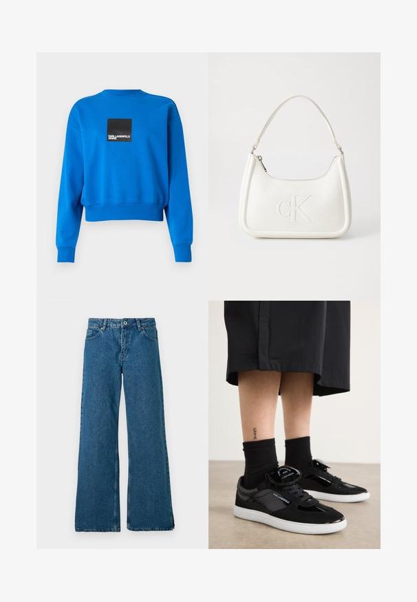 Lühendatud sinine spordijakk pehmest kangast, millel on must ruutlogo valge tekstiga, soonikkoes varrukad ja kaelus.; Laiad sinised teksad klassikalise viie taskuga kujundusega, millel on eesnupu ja luku sulgemine ning peene pleekinud tekstuur.; Mustad tossud, mis on valmistatud nahast ja lakknahast, valge tallaga, kummipaeltega ja bränditud keele aktsendiga.; Valge nahast käekott, millel on kumer kuju, esiküljel on reljeefne "CK" logo ja üks õlavarre rihm. Ülemine tõmblukkuu.