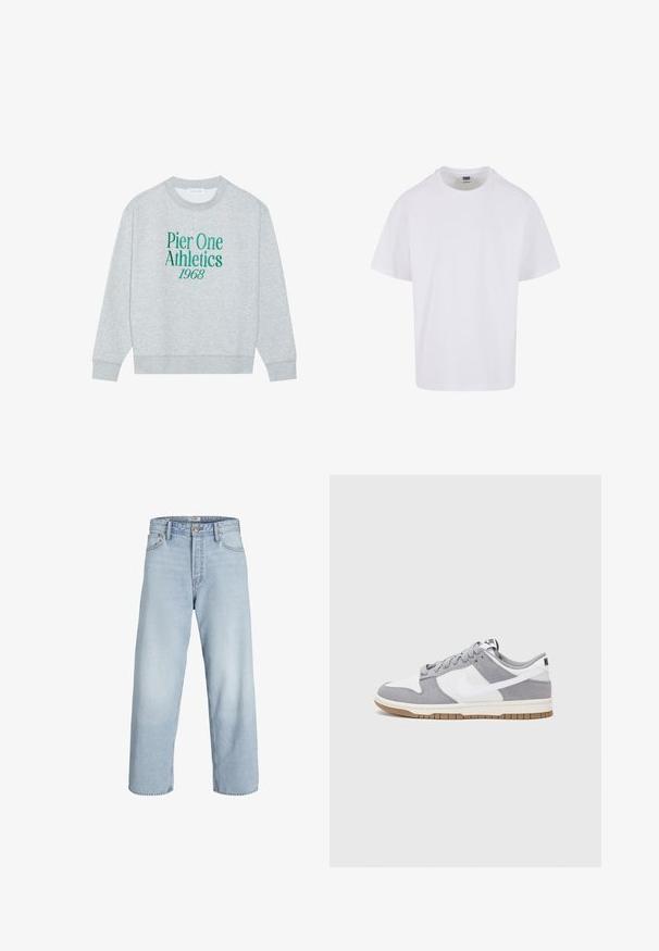 Grauer sweatshirt mit Rundhalsausschnitt, mit grünem gesticktem Text: "Pier One Athletics 1968" auf der Vorderseite. Langärmlig, mit gerippten Bündchen.; Weißes Baumwoll-T-Shirt mit Rundhalsausschnitt, kurzen Ärmeln und geradem Saum. Der Stoff wirkt glatt und hat einen klassischen, lässigen Schnitt.; Helle blaue Jeans aus Denim mit hoher Taille, weitem Bein und geradem Schnitt. Verfügt über einen klassischen Knopfverschluss und ein Design mit fünf Taschen.; Graue und weiße Sneaker mit einem Obermaterial aus Wildleder und Leder, abgerundeter Spitze, flachen Schnürsenkeln und einer Gummisohle mit einem Kautschukakzent.