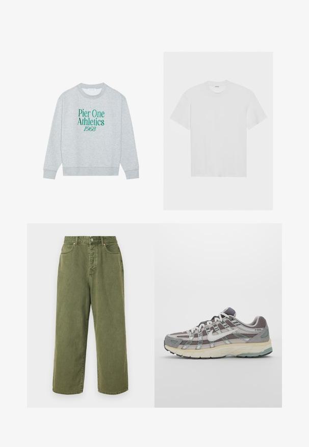 Sweatshirt gri cu guler rotund, având text brodat verde: "Pier One Athletics 1968" pe față. Mâneci lungi, manșete cu nervuri.; Tricou alb din bumbac, cu mâneci scurte, de tip crew neck și o croială relaxată. Textură netedă și fără modele sau accente vizibile.; Jeans evazate de culoare verde măsliniu, din bumbac, cu un talie cu nasturi și un design cu cinci buzunare, având cusături vizibile pe cusături.; Pantofii sport gri sunt realizați dintr-un amestec de plasă și piele întoarsă, cu accente albe, o talpă bine îmbrăcată și un design distinctiv cu elemente reflectorizante.