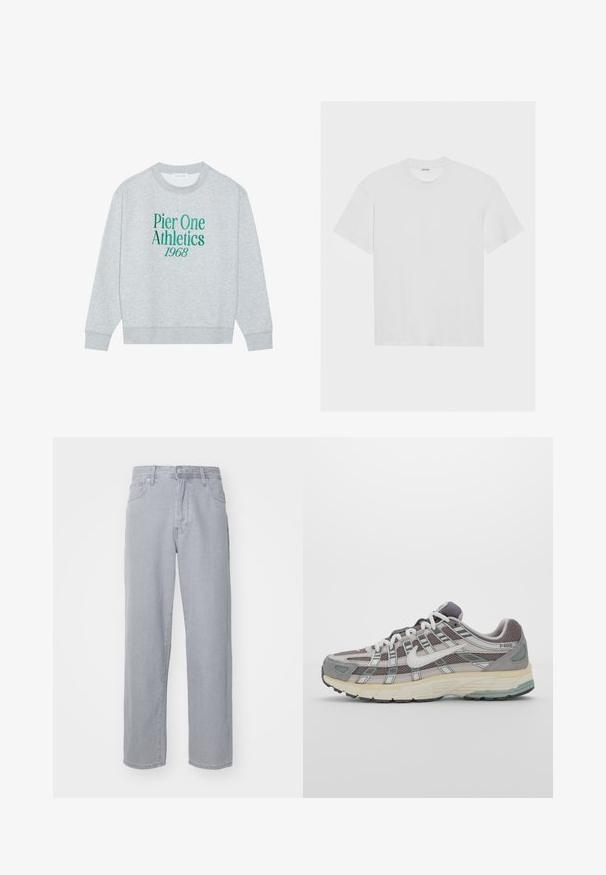 Sweatshirt gri cu guler rotund, având text brodat verde: "Pier One Athletics 1968" pe față. Mâneci lungi, manșete cu nervuri.; Tricou alb din bumbac, cu mâneci scurte, de tip crew neck și o croială relaxată. Textură netedă și fără modele sau accente vizibile.; Jeans din denim gri deschis cu un design drept, cinci buzunare, bucle pentru curea și o închidere cu nasture. Textură netedă, fără modele vizibile.; Pantofii sport gri sunt realizați dintr-un amestec de plasă și piele întoarsă, cu accente albe, o talpă bine îmbrăcată și un design distinctiv cu elemente reflectorizante.