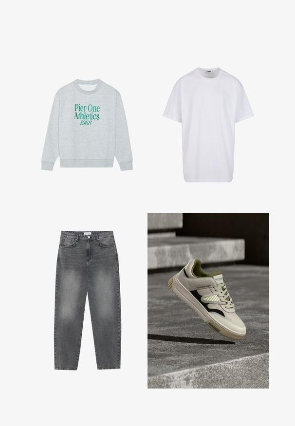 Sudadera gris con cuello redondo, que presenta texto bordado en verde: "Pier One Athletics 1968" en el frente. Mangas largas, puños acanalados.; Camiseta blanca de algodón con mangas cortas, cuello redondo, corte relajado y sin logotipos ni patrones visibles. Textura suave y diseño minimalista.; Jeans de cintura alta y corte holgado en denim negro desgastado. Con cinco bolsillos, pasadores para el cinturón y un diseño de pierna recta y limpia.; Zapatilla de cuero crema con detalles en verde oscuro, paneles texturizados, raya lateral negra y una suela de goma robusta, elevada sobre una superficie de hormigón.