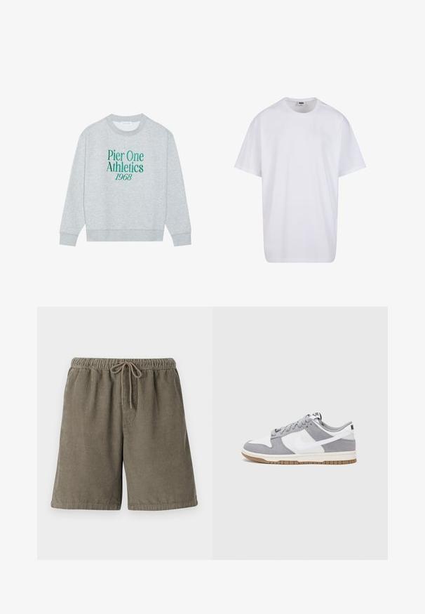 Grå hettegenser med rund hals, med grønn brodert tekst: "Pier One Athletics 1968" på forsiden. Lange ermer med ribbede mansjetter.; Hvit bomull t-skjorte med korte ermer, rund utringning, avslappet passform, og ingen synlige logoer eller mønstre. Glatt tekstur og minimalistisk design.; Olivengrønne kortbukser i bomuldsvelour med teksturerte vertikale striper, elastisk livlinje og justerbar snor for komfort.; Grå og hvite sneakers med overdel i semsket skinn og lær, rund tå, flate lisser, og gummisåle med gummibelegg.