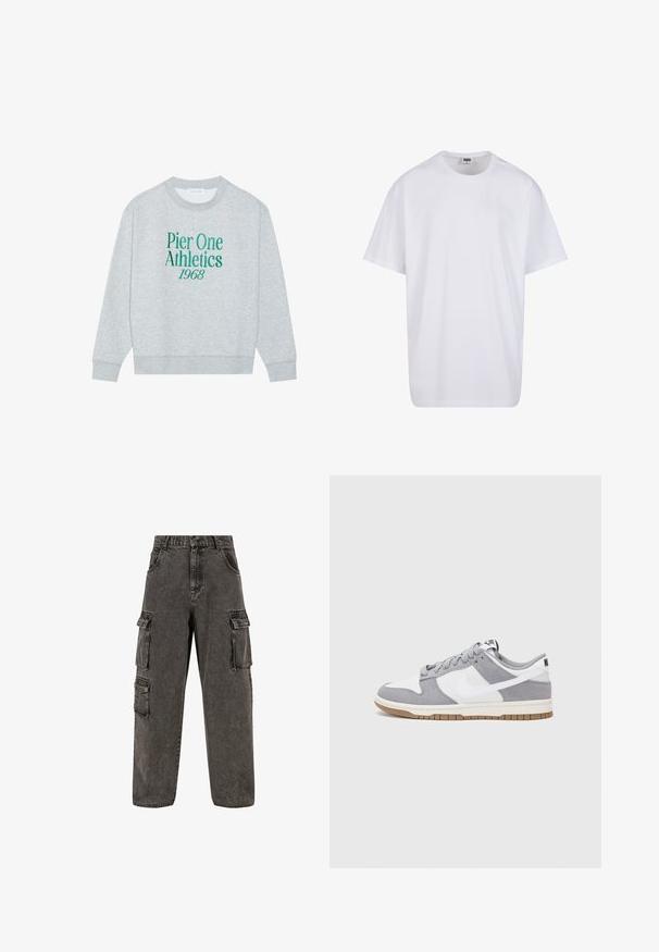 Sivi dukserica s okruglim izrezom, s zelenim izvezenim natpisom: "Pier One Athletics 1968" sprijeda. Dugi rukavi, rebraste manžete.; Bijela pamučna majica s kratkim rukavima, zaobljenim izrezom, opuštenog kroja, bez vidljivih logotipa ili uzoraka. Glatka tekstura i minimalni dizajn.; Karl Kani OG BAGGY - Traperice opuštenog kroja - grey; Sivi i bijeli tenisice s gornjištem od antilopa i kože, okruglim vrhom, ravnim vezicama i gumenim potplatom s dodatkom boje gume.