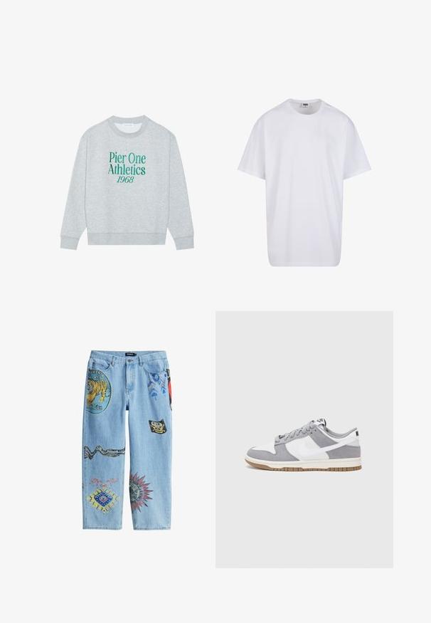 Harmaa college-paita pyöreällä kauluksella, jossa on vihreä brodeerattu teksti: "Pier One Athletics 1968" edessä. Pitkät hihat, resorit hihansuissa.; Valkoinen puuvillainen t-paita, jossa on lyhyet hihat, pyöreä kaula-aukko, rento istuvuus ja ei näkyviä logoja tai kuvioita. Sileä pinta ja minimaalinen muotoilu.; Siniset farkut, joissa on erilaisia värikkäitä brodeerattuja täkkejä, mukaan lukien tiikeri, käärme ja geometrisia kuvioita. Suora lahje.; Niken tennarit on valmistettu harmaasta mokkanahasta ja valkoisesta nahasta, joissa on rei'itykset, pyöreät nauhat ja kumipohja pitoon.