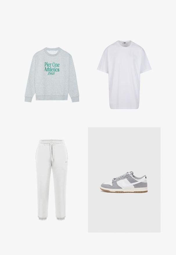 Szary sweatshirt z okrągłym dekoltem, z zielonym haftowanym napisem: "Pier One Athletics 1968" z przodu. Długie rękawy, ściągacze przy mankietach.; Biała bawełniana koszulka z krótkimi rękawami, okrągłym dekoltem, luźnym krojem i bez widocznych logo lub wzorów. Gładka tekstura i minimalistyczny design.; Jasnoszare spodnie dresowe z elastycznym pasem, sznurkiem do regulacji i elastycznymi mankietami; miękka tkanina z małym logo w pobliżu kieszeni.; Sneakersy Nike mają szarą cholewkę z zamszu i białej skóry z perforacjami, okrągłe sznurowadła oraz gumową podeszwę zapewniającą przyczepność.