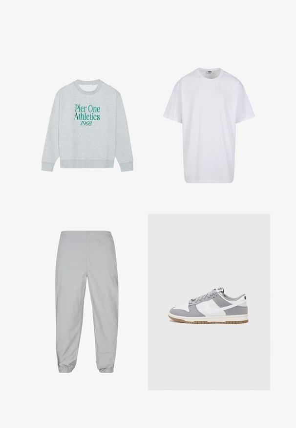 Sivý sveter s kruhovým výstrihom, na prednej strane s zeleným vyšitým textom: "Pier One Athletics 1968". Dlhé rukávy, rebrované manžety.; Biela bavlnená tričko s krátkymi rukávmi, okrúhlym výstrihom, uvoľneným strihom a žiadnymi viditeľnými logami alebo vzormi. Hladká textúra a minimálny dizajn.; Svetlo šedé teplákové nohavice vyrobené z ľahkého materiálu. Elastický pás a manžety na leme s zipsovými doplnkami na členkoch. Hladká textúra.; Sivé a biele tenisky s vrchom z semišu a kože, zaoblenou špičkou, plochými šnúrkami a gumovou podrážkou s akcentom vo farbe gumy.