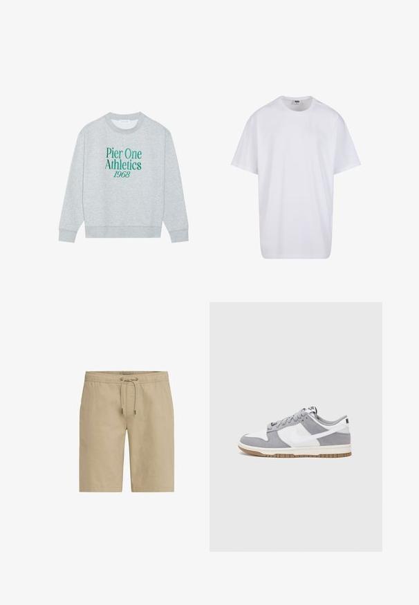Sweatshirt gri cu guler rotund, având text brodat verde: "Pier One Athletics 1968" pe față. Mâneci lungi, manșete cu nervuri.; Tricou alb din bumbac cu mâneci scurte, decolteu rotund, croială lejeră și fără logo-uri sau modele vizibile. Textură netedă și design minimalist.; Shorts bej dintr-un material moale, având un elastic în talie cu șnur și buzunare laterale, concepuți într-un croi drept.; Sneaker gri și alb, cu un superior din suede și piele, vârf rotund, șireturi plate și o talpă din cauciuc ce prezintă un accent de culoare gum.