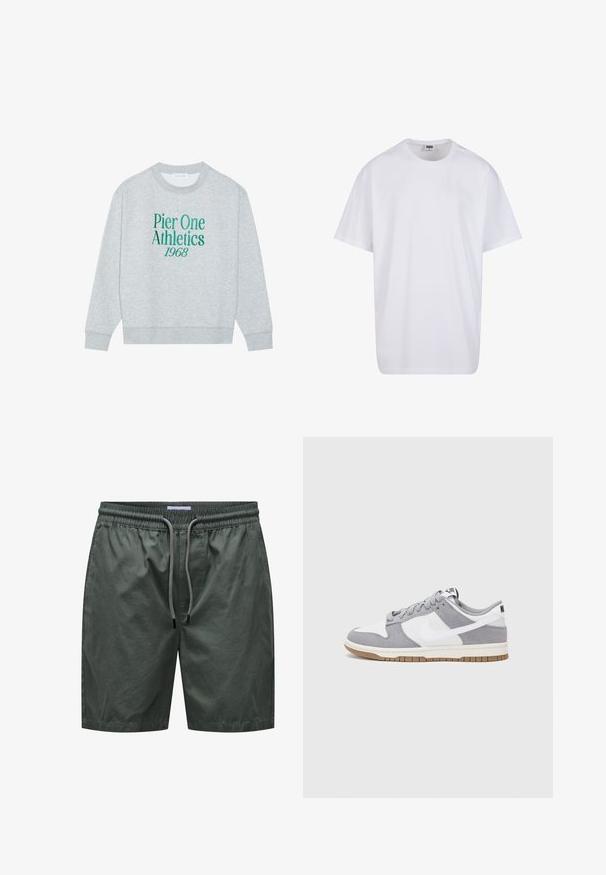 Grauer sweatshirt mit Rundhalsausschnitt, mit grünem gesticktem Text: "Pier One Athletics 1968" auf der Vorderseite. Langärmlig, mit gerippten Bündchen.; Weiße Baumwoll-T-Shirt mit kurzen Ärmeln, rundem Ausschnitt, lockerer Passform und ohne sichtbare Logos oder Muster. Glatte Textur und minimalistisches Design.; Grüne Shorts aus leichtem Stoff mit elastischem Bund und Zugband, featuring eine glatte Textur und ein einfaches Design.; Graue und weiße Sneaker mit einem Obermaterial aus Wildleder und Leder, abgerundeter Spitze, flachen Schnürsenkeln und einer Gummisohle mit einem Kautschukakzent.